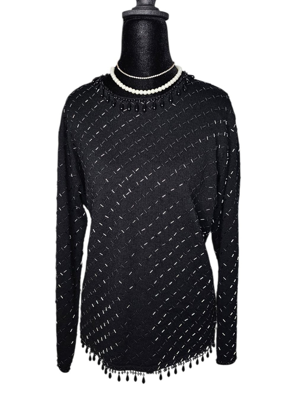 Vintage Valerie Stevens Beaded Merino Wool Top Black S